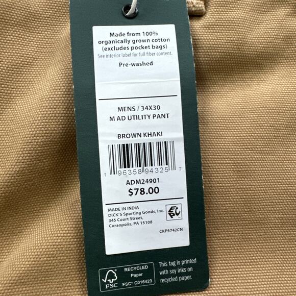 Alpine Design Utility Pants Mens 34 X 30 Brown Khaki 100% ORGANIC Cotton Relaxed - Picture 6 of 13